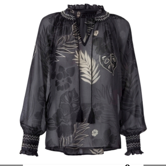 CAbi Tops - CAbi Aloha Blouse Style Semi Sheer Black Print Long Sleeve Smocking Size M
